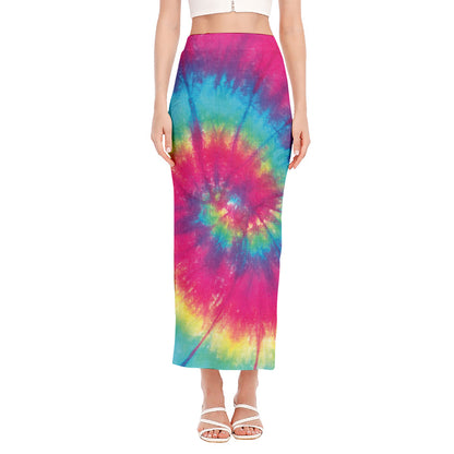 Blue Pink And Yellow Tie Dye Print Side Slit Maxi Skirt