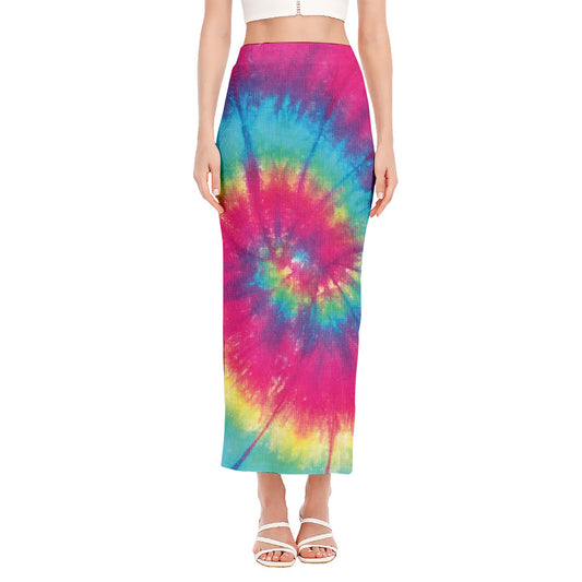 Blue Pink And Yellow Tie Dye Print Side Slit Maxi Skirt