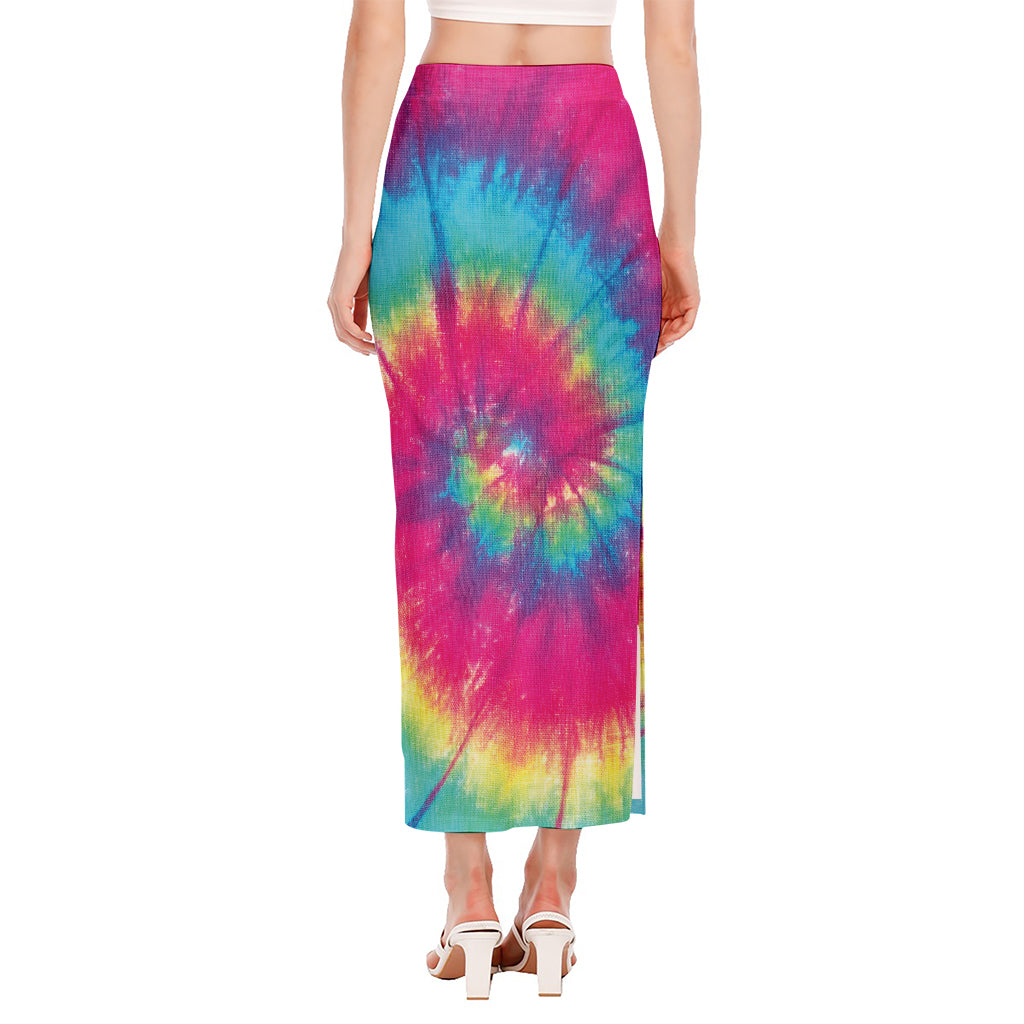 Blue Pink And Yellow Tie Dye Print Side Slit Maxi Skirt