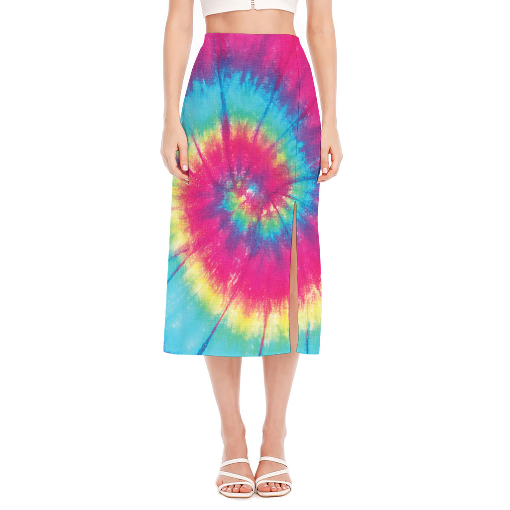 Blue Pink And Yellow Tie Dye Print Side Slit Midi Skirt