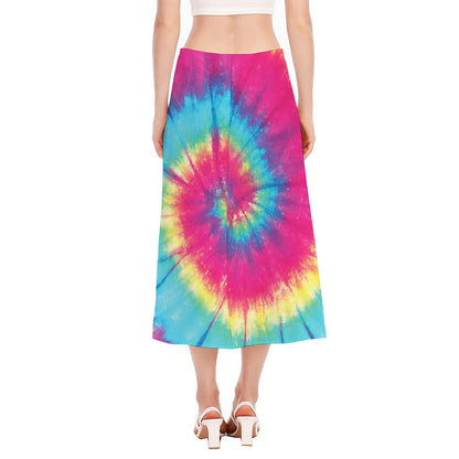 Blue Pink And Yellow Tie Dye Print Side Slit Midi Skirt
