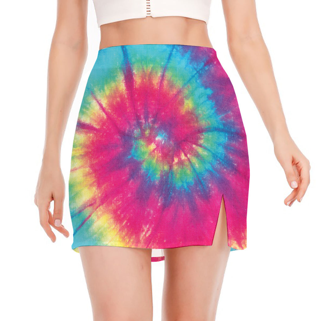 Blue Pink And Yellow Tie Dye Print Side Slit Mini Skirt