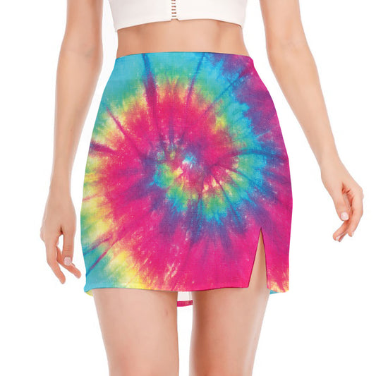 Blue Pink And Yellow Tie Dye Print Side Slit Mini Skirt