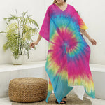 Blue Pink And Yellow Tie Dye Print Silk V-Neck Kaftan Dress