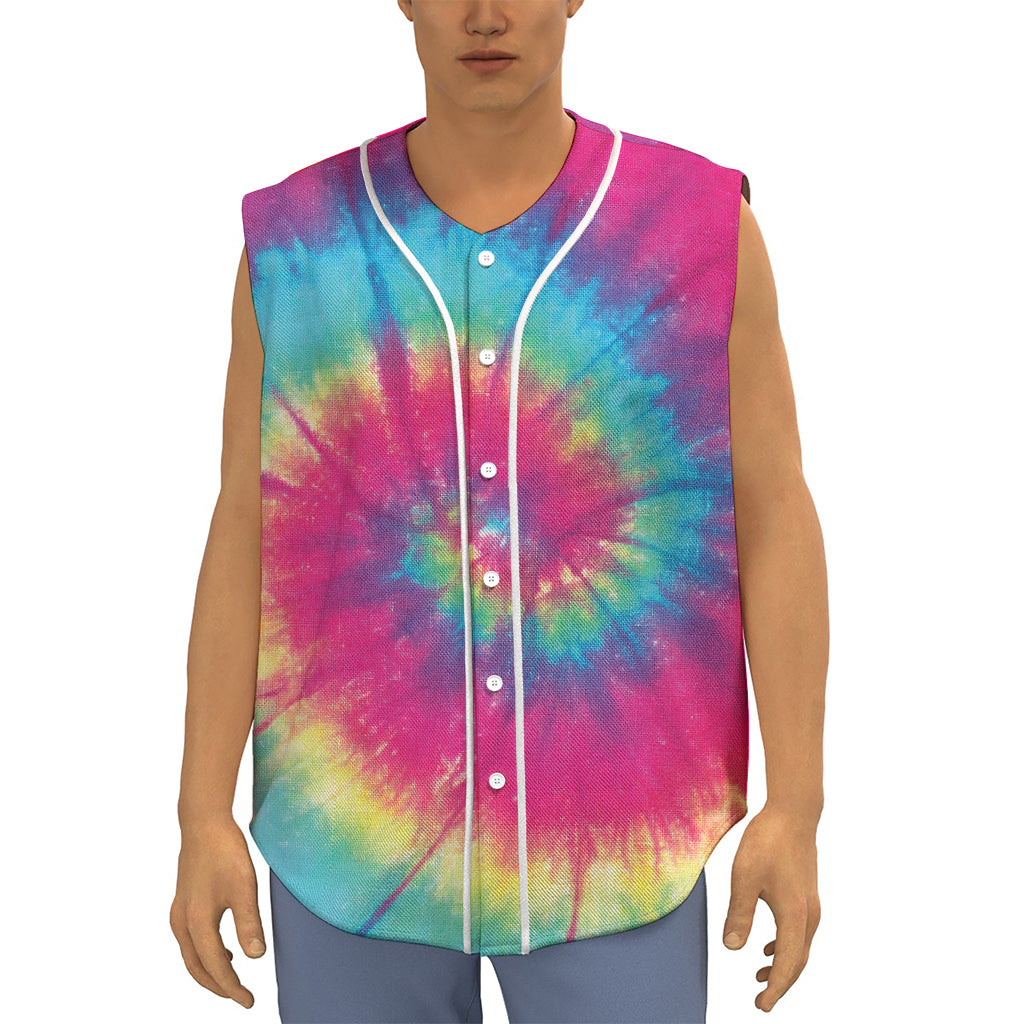 Blue Pink And Yellow Tie Dye Print Sleeveless Baseball Jersey
