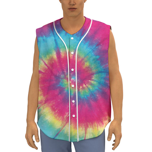 Blue Pink And Yellow Tie Dye Print Sleeveless Baseball Jersey