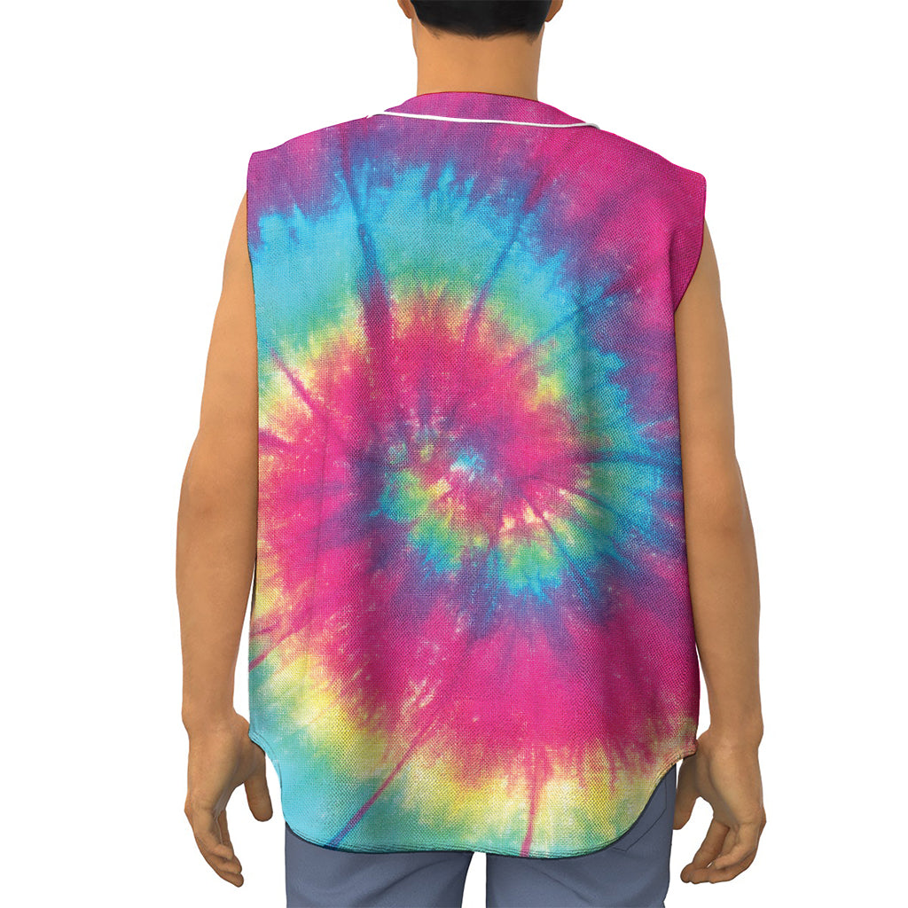 Blue Pink And Yellow Tie Dye Print Sleeveless Baseball Jersey