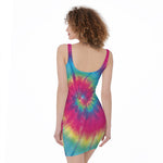 Blue Pink And Yellow Tie Dye Print Sleeveless Bodycon Dress