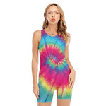 Blue Pink And Yellow Tie Dye Print Sleeveless One Piece Swimsuit