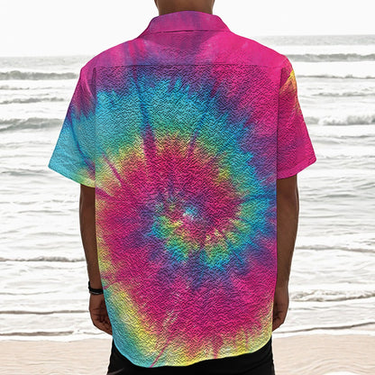 Blue Pink And Yellow Tie Dye Print Textured Short Sleeve Shirt