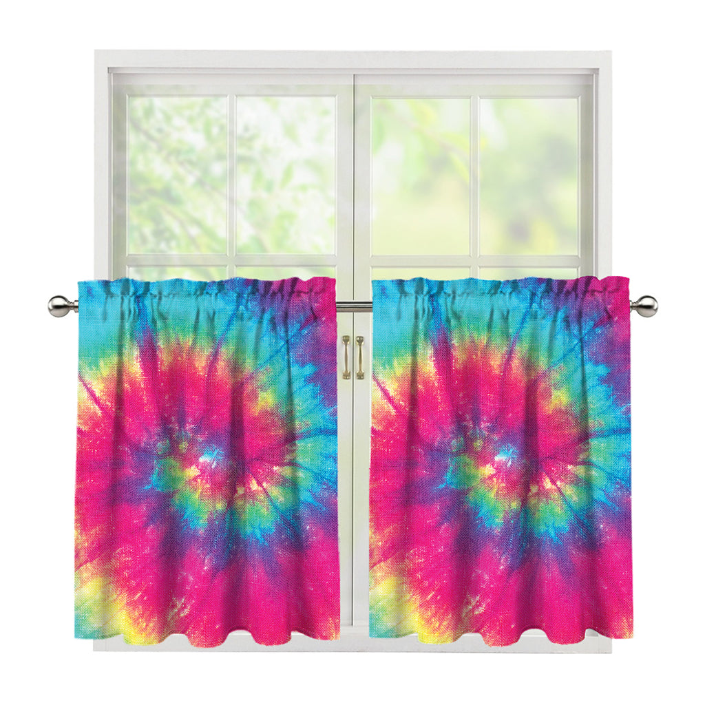 Blue Pink And Yellow Tie Dye Print Tier Curtains
