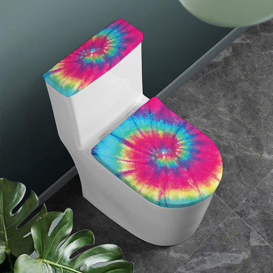 Blue Pink And Yellow Tie Dye Print Toilet Lid And Tank Cover Set