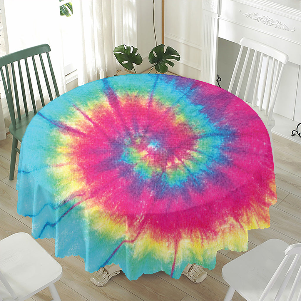 Blue Pink And Yellow Tie Dye Print Waterproof Round Tablecloth