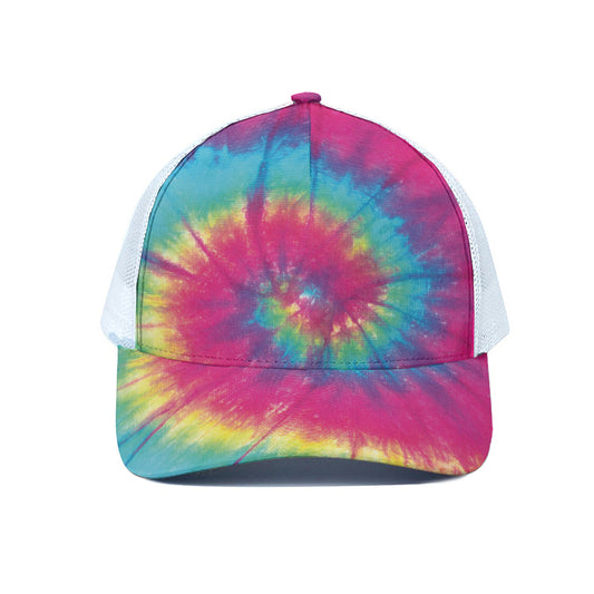 Blue Pink And Yellow Tie Dye Print White Mesh Trucker Cap