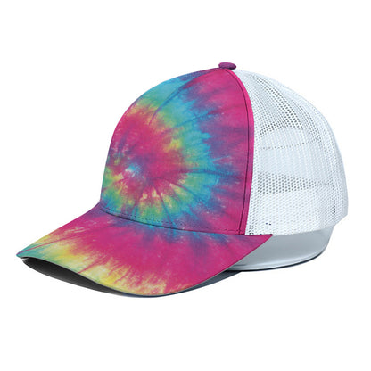 Blue Pink And Yellow Tie Dye Print White Mesh Trucker Cap