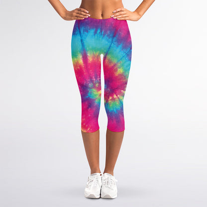 Blue Pink And Yellow Tie Dye Print Women's Capri Leggings