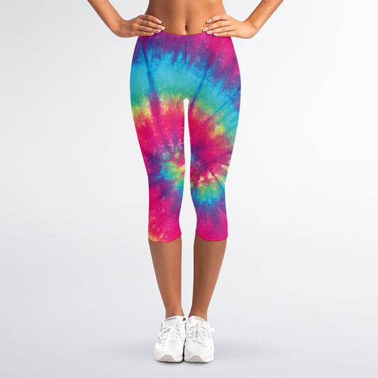 Blue Pink And Yellow Tie Dye Print Women's Capri Leggings