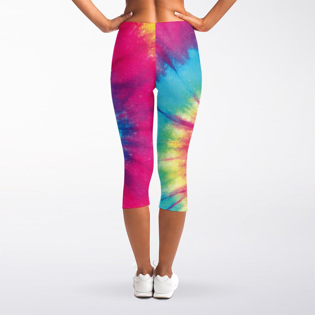 Blue Pink And Yellow Tie Dye Print Women's Capri Leggings
