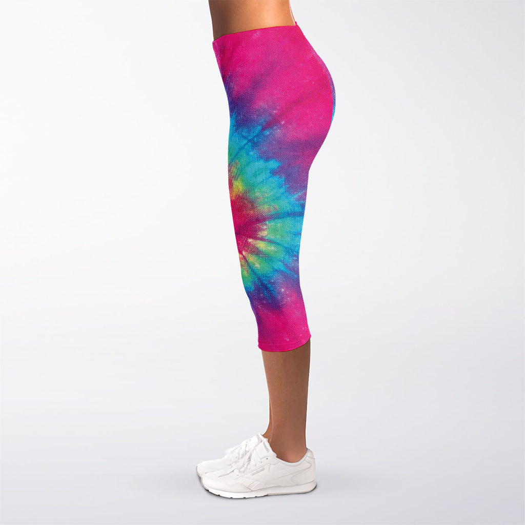 Blue Pink And Yellow Tie Dye Print Women's Capri Leggings