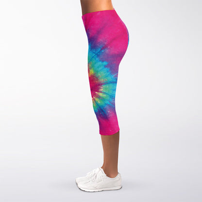 Blue Pink And Yellow Tie Dye Print Women's Capri Leggings