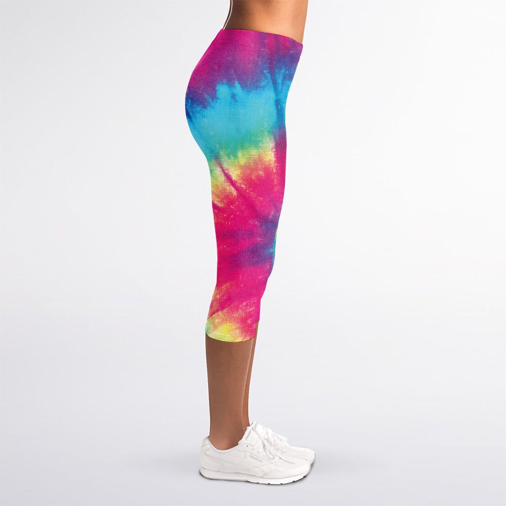 Blue Pink And Yellow Tie Dye Print Women's Capri Leggings