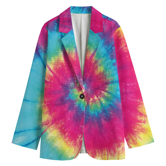 Blue Pink And Yellow Tie Dye Print Women's Cotton Blazer