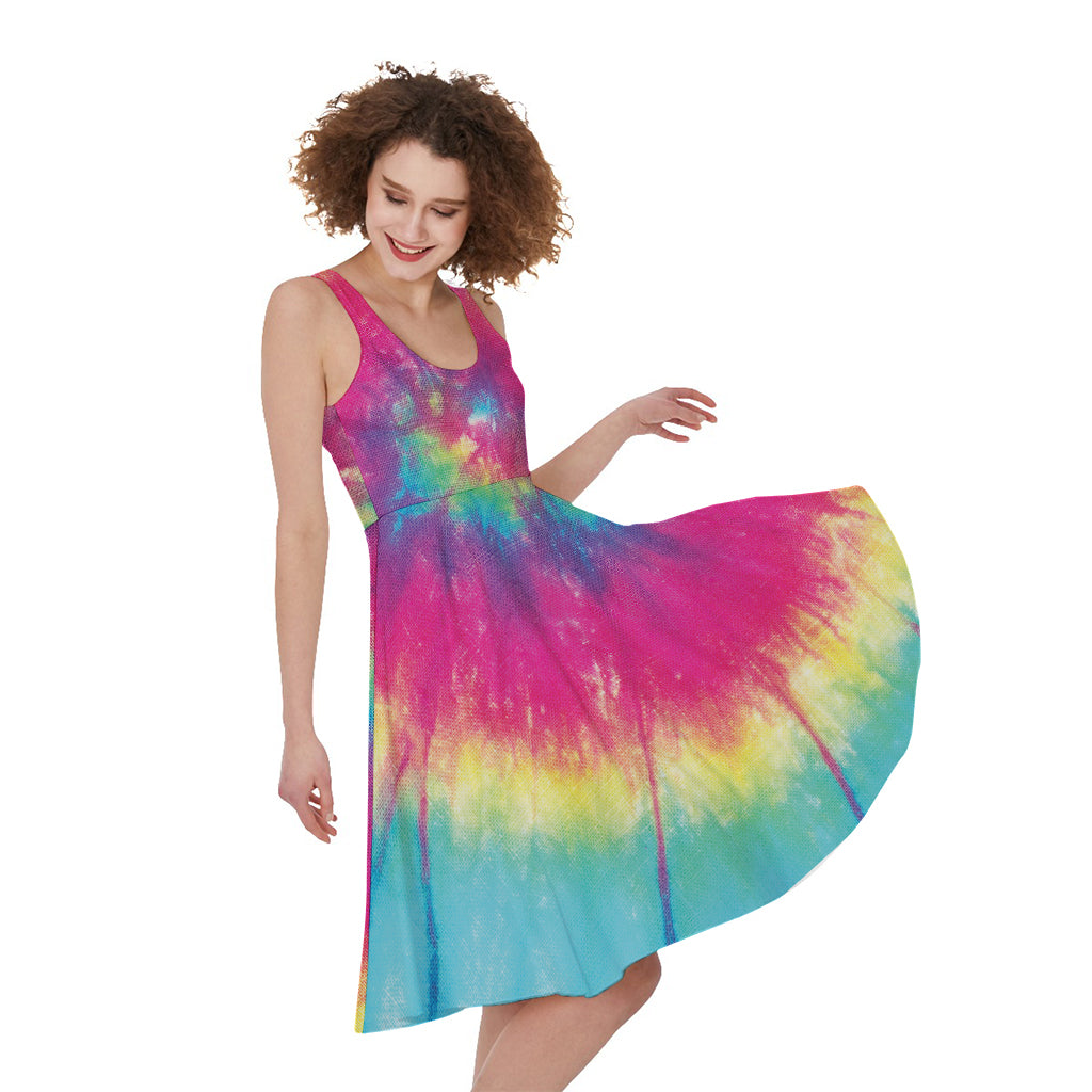 Blue Pink And Yellow Tie Dye Print Women's Sleeveless Dress