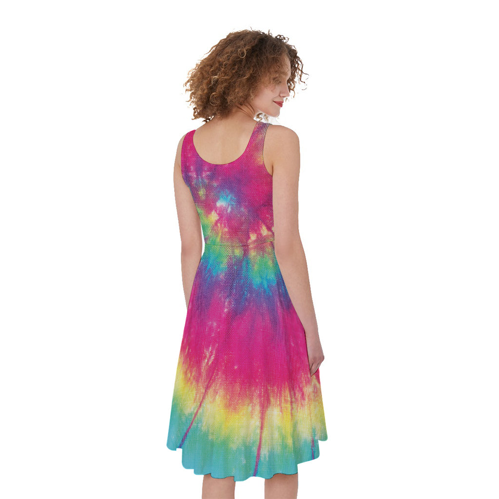 Blue Pink And Yellow Tie Dye Print Women's Sleeveless Dress