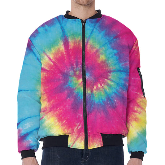 Blue Pink And Yellow Tie Dye Print Zip Sleeve Bomber Jacket
