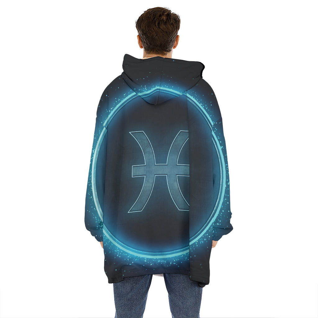 Blue Pisces Zodiac Sign Print Hoodie Blanket