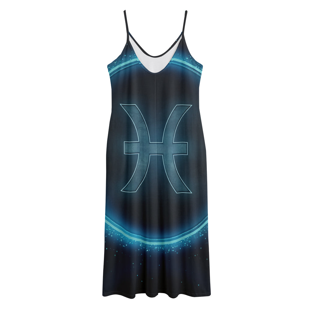 Blue Pisces Zodiac Sign Print Jersey Midi Cami Dress