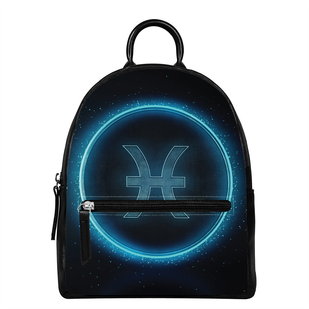Blue Pisces Zodiac Sign Print Leather Backpack