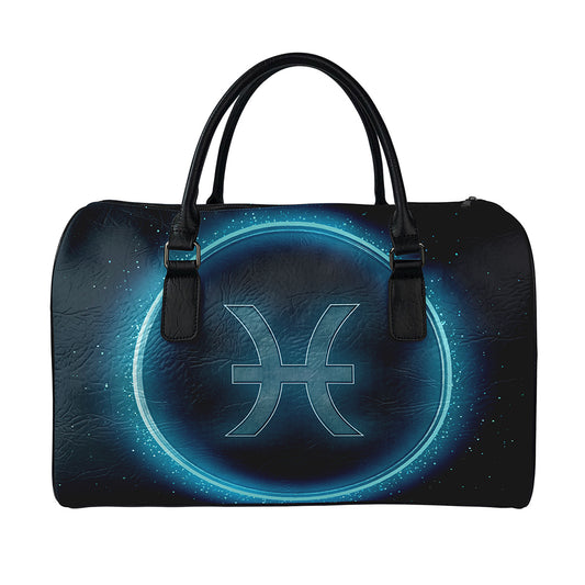 Blue Pisces Zodiac Sign Print Leather Duffle Bag