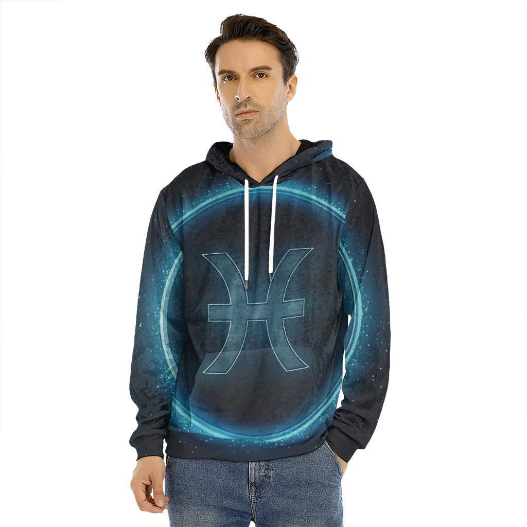 Blue Pisces Zodiac Sign Print Men's Velvet Pullover Hoodie