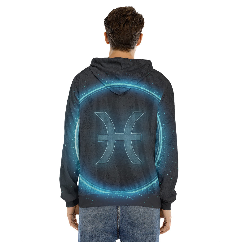 Blue Pisces Zodiac Sign Print Men's Velvet Pullover Hoodie