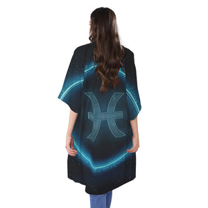 Blue Pisces Zodiac Sign Print Open Front Beach Cover Up