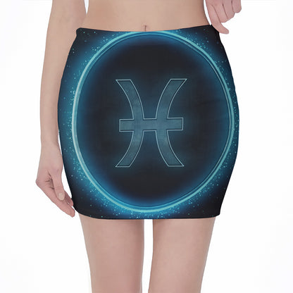 Blue Pisces Zodiac Sign Print Pencil Mini Skirt