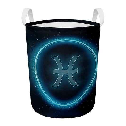 Blue Pisces Zodiac Sign Print Round Laundry Basket
