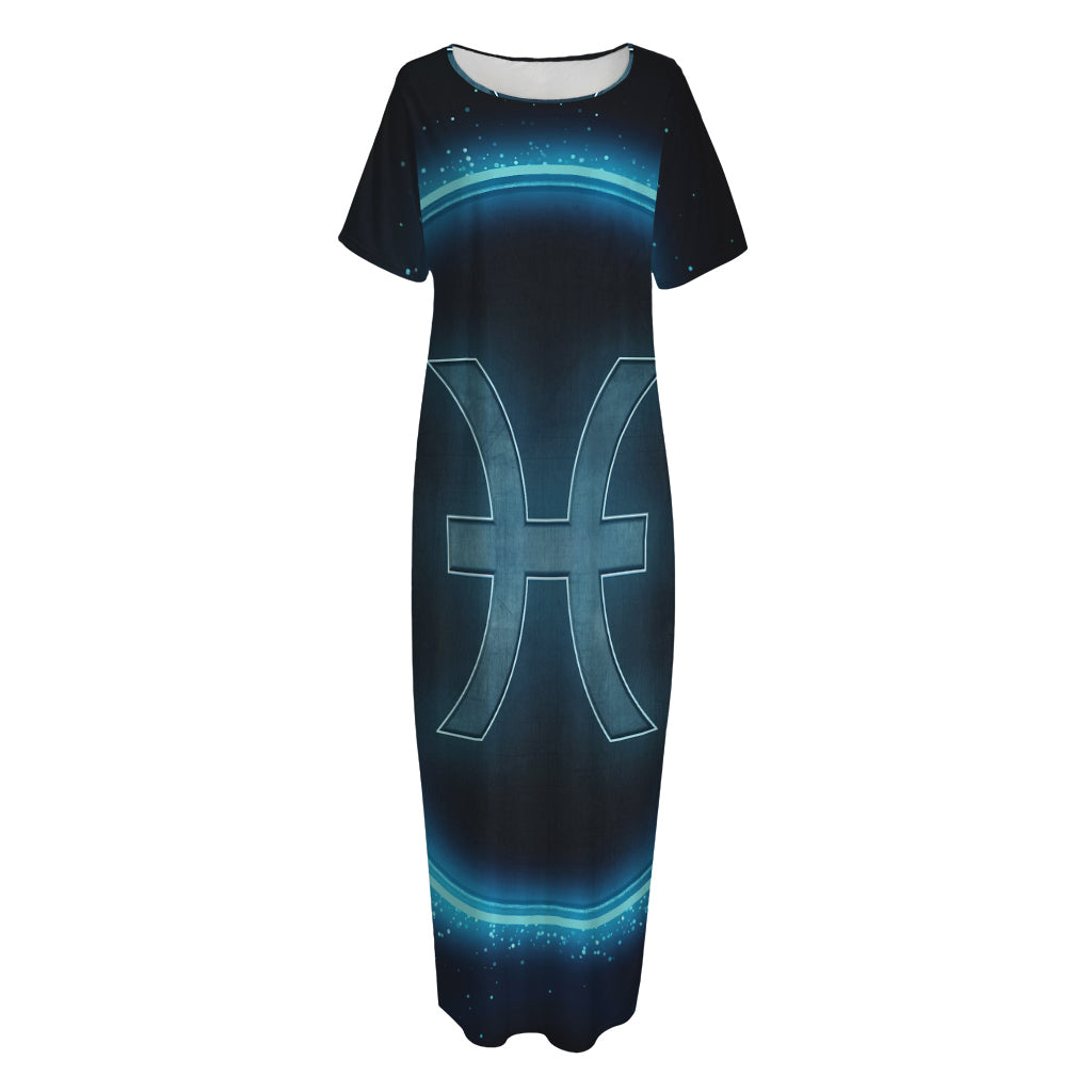 Blue Pisces Zodiac Sign Print Short Sleeve Long Nightdress