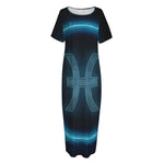 Blue Pisces Zodiac Sign Print Short Sleeve Long Nightdress