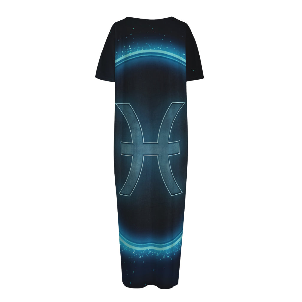 Blue Pisces Zodiac Sign Print Short Sleeve Long Nightdress