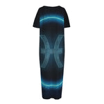 Blue Pisces Zodiac Sign Print Short Sleeve Long Nightdress