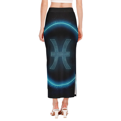 Blue Pisces Zodiac Sign Print Side Slit Maxi Skirt