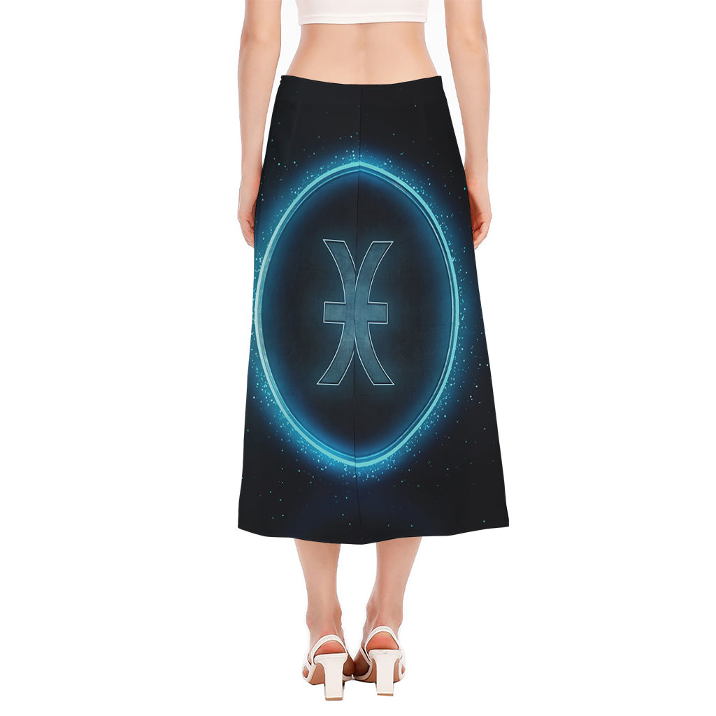 Blue Pisces Zodiac Sign Print Side Slit Midi Skirt