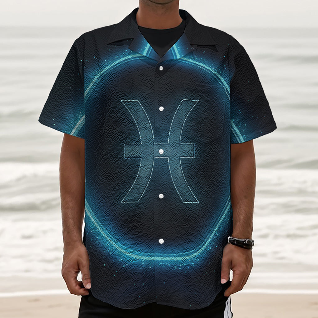 Blue Pisces Zodiac Sign Print Textured Short Sleeve Shirt