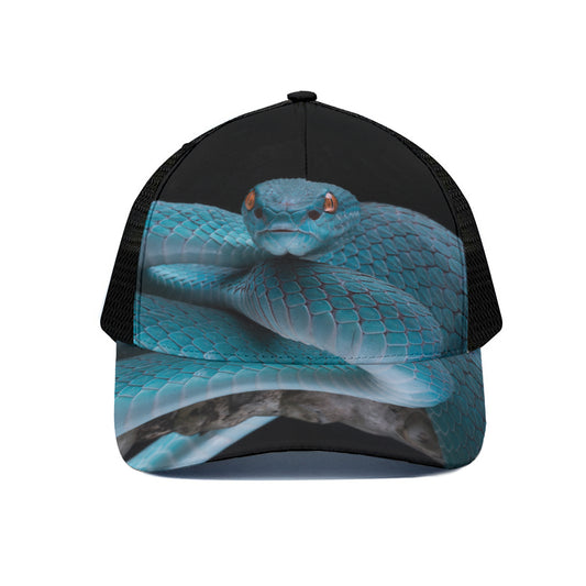 Blue Pit Viper Snake Print Black Mesh Trucker Cap
