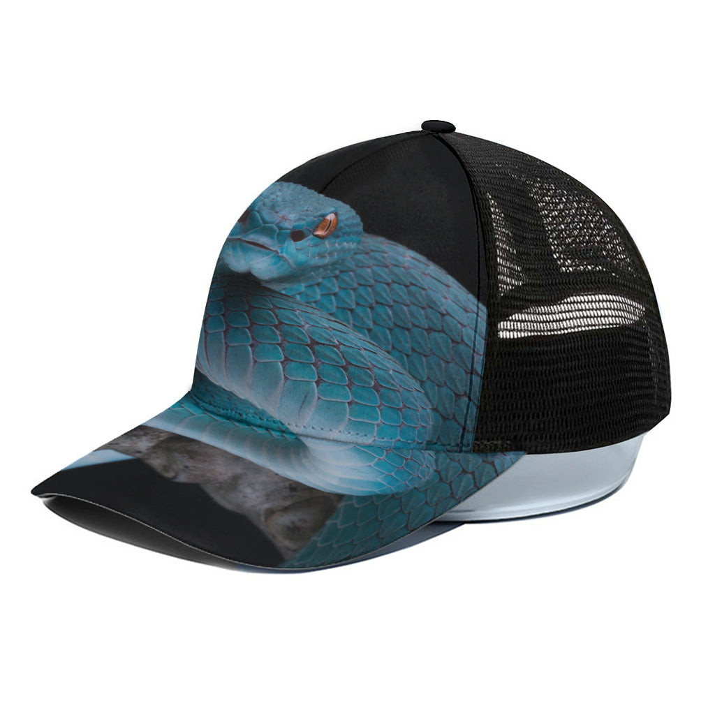 Blue Pit Viper Snake Print Black Mesh Trucker Cap