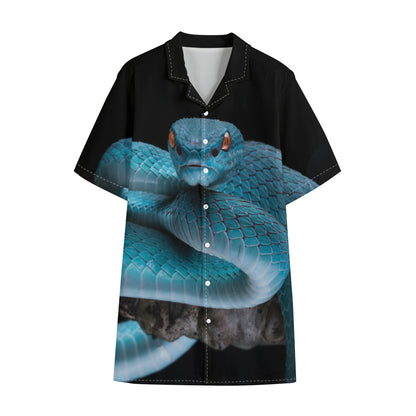 Blue Pit Viper Snake Print Cotton Hawaiian Shirt
