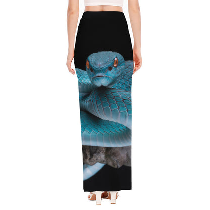 Blue Pit Viper Snake Print High Slit Maxi Skirt