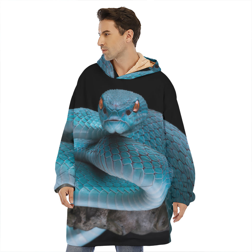 Blue Pit Viper Snake Print Hoodie Blanket